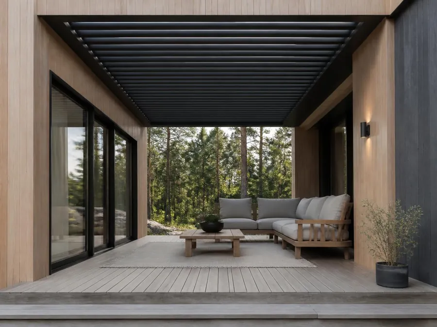 Lamellpergola måttanpassad och inbyggd i befintlig altanram