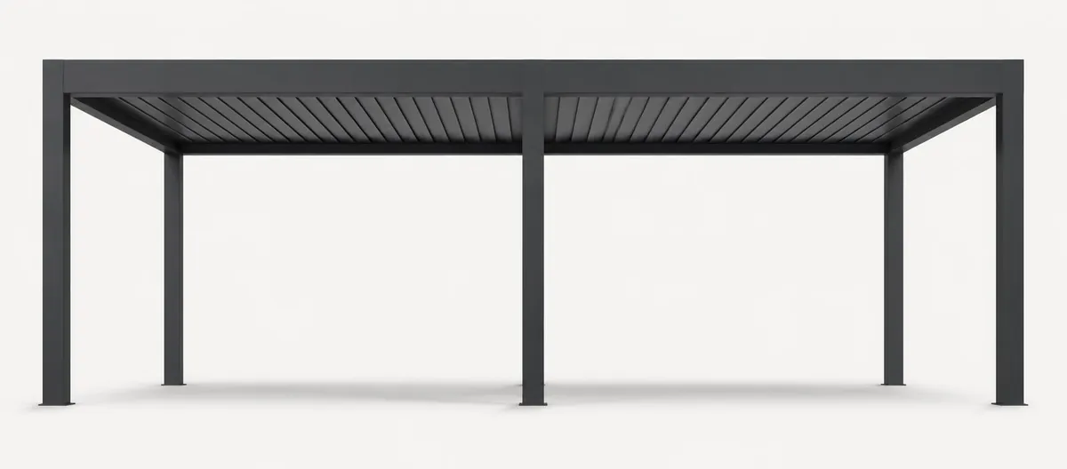 Måttskiss av Pergo-E lamellpergola i aluminium med stolpe 120 × 120 mm och balk 160 × 95 mm