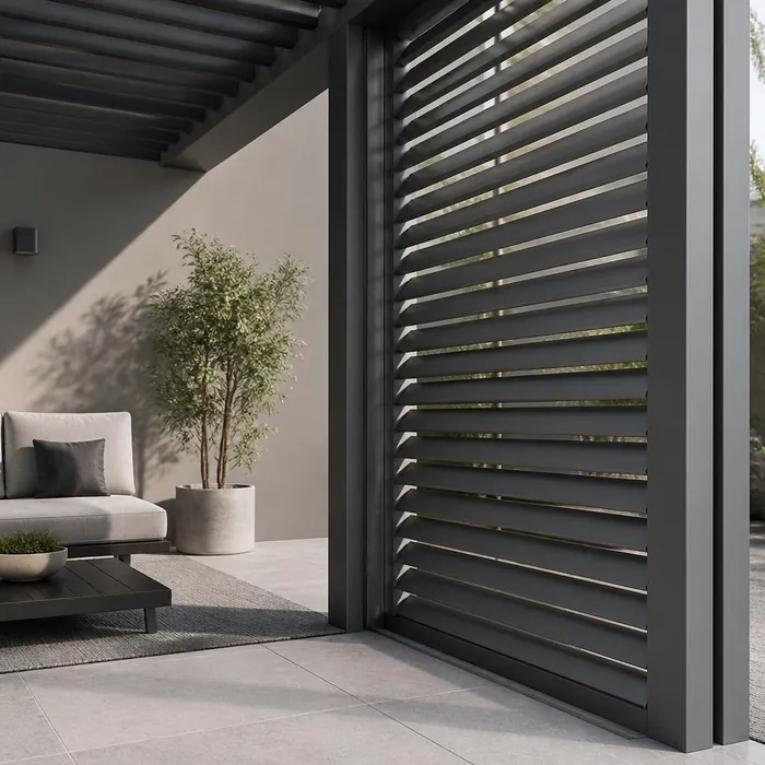Vertikal lamellpanel i aluminium som styr ljus och insyn i pergolan